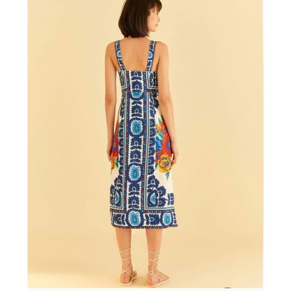 Farm Rio Flower Tapestry Off-White Midi Dress Blue Floral Button Front NWT M - Picture 4 of 11